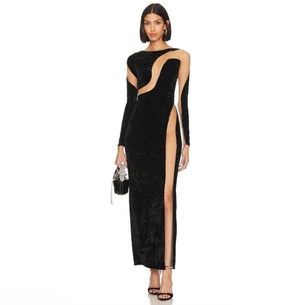 NBD Fareena Long Sleeve Mesh Sheer Maxi Dress in Black Velvet sz XS